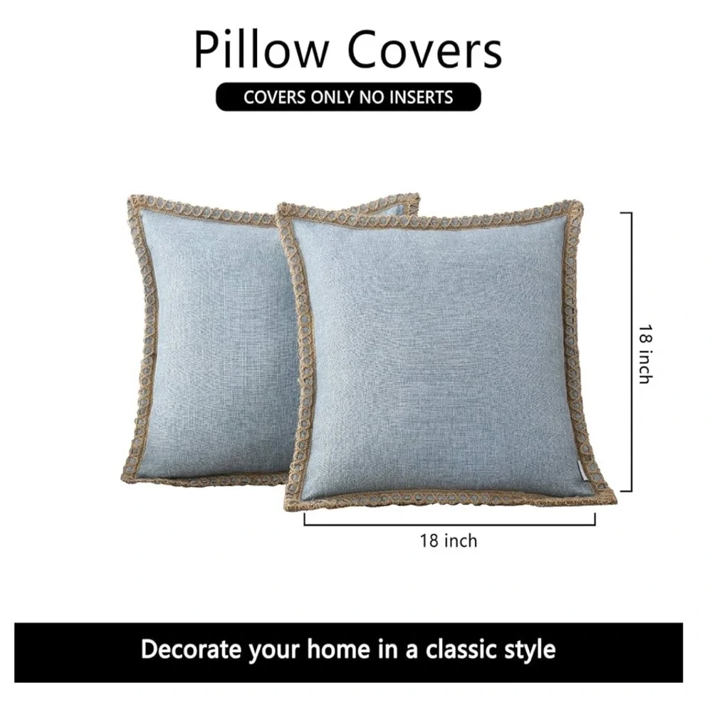 Blue LINEN Pillow Covers with Tan BURLAP Trim SQUARE 18x18” (2-Pack)